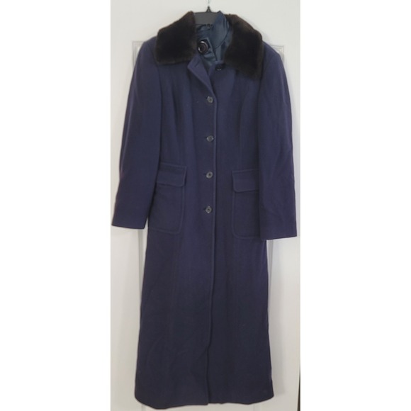 VTG United Color of Benetton Navy Wool Long Trench Coat Faux Fur Collar Size 6‎ - Picture 1 of 4
